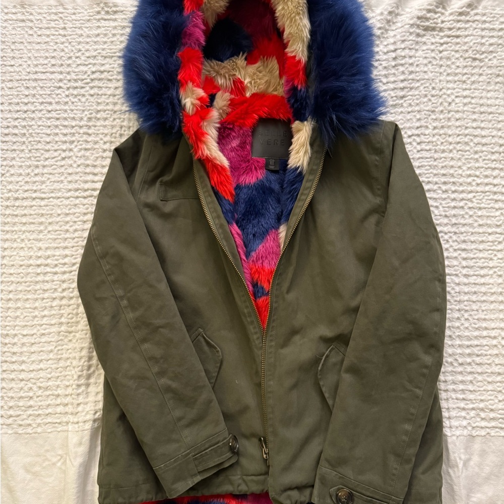 Stylish Olive Utility Coat with Multi Colored Faux Fur Lining